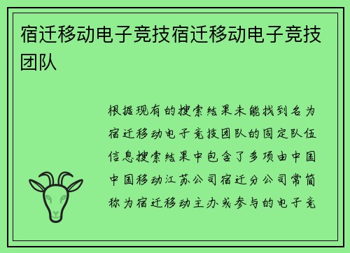 宿迁移动电子竞技宿迁移动电子竞技团队